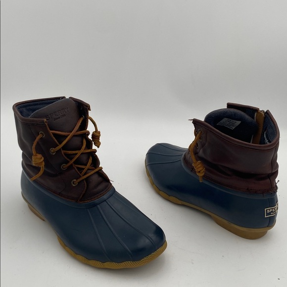 Sperry Navy and Brown Duck Boots women 11M leather rubber outdoor snow rain fall - Picture 2 of 11